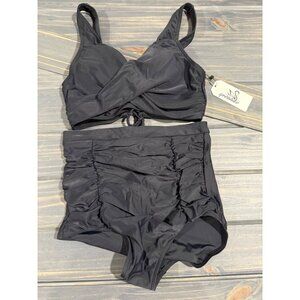 Black High-Waisted Two-Piece Swimsuit With Ruched Bottom & Adjustable Lace-Up